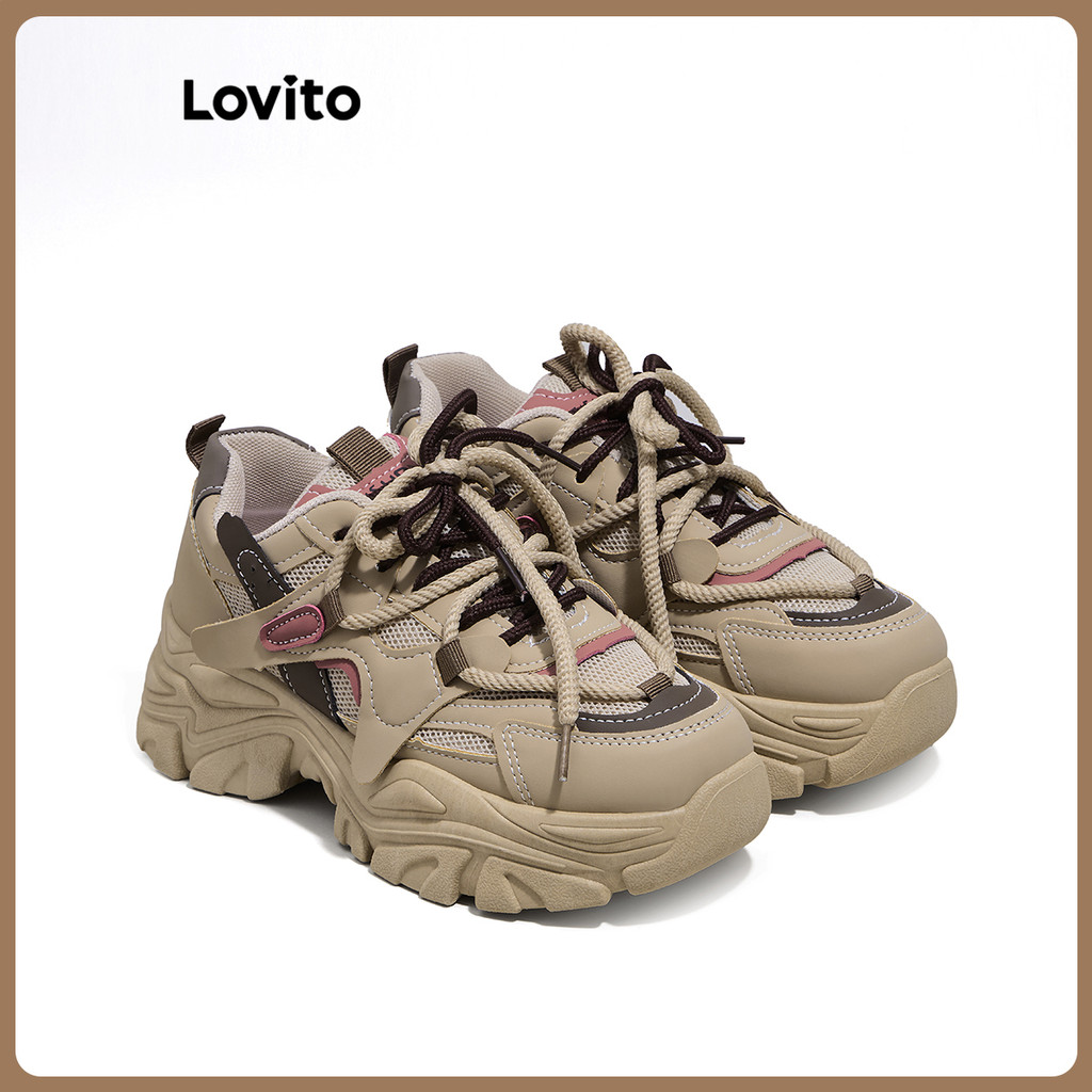 (Trendy) Lovito Tênis Casual Feminino Malha Respirável Cadarço Sola Grossa Estilo Retrô LFA43373 em Oferta na Shopee