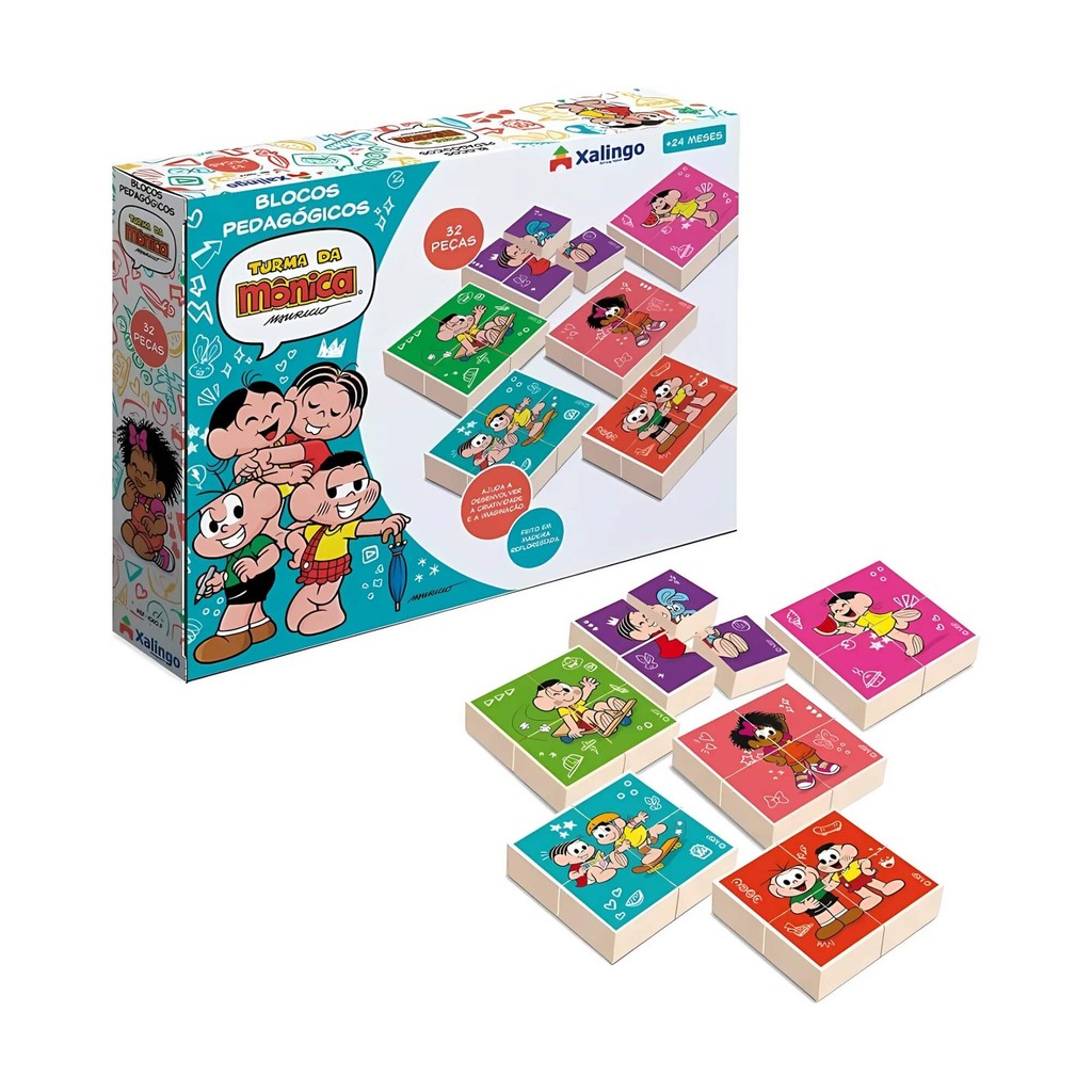 Brinquedo Infantil Blocos de Montar Pedagógicos Turma da Mônica 32 peças Xalingo - 10609 em Oferta na Shopee