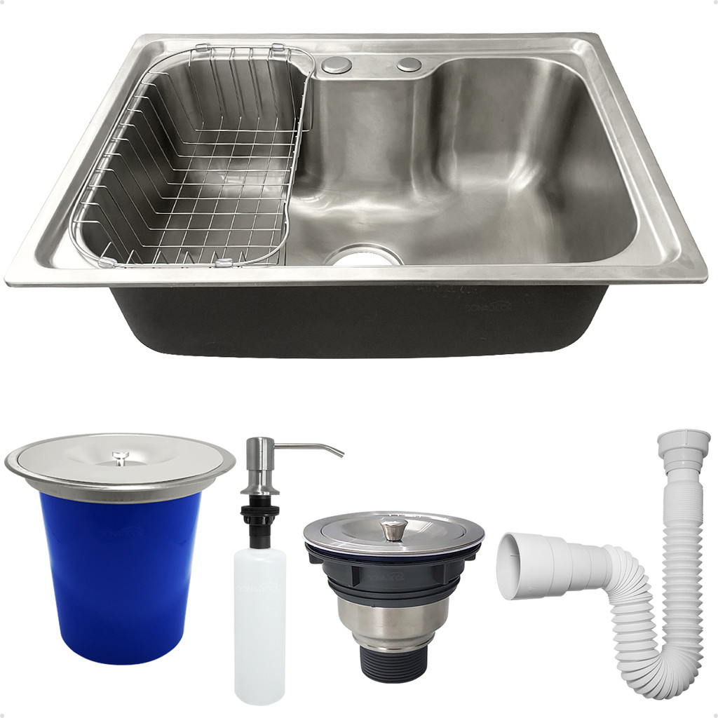 Kit Cozinha Cuba Gourmet Inox 304 60x42 Lixeira De Embutir 5 Litros Dispenser 350ml Valvula E Sifão