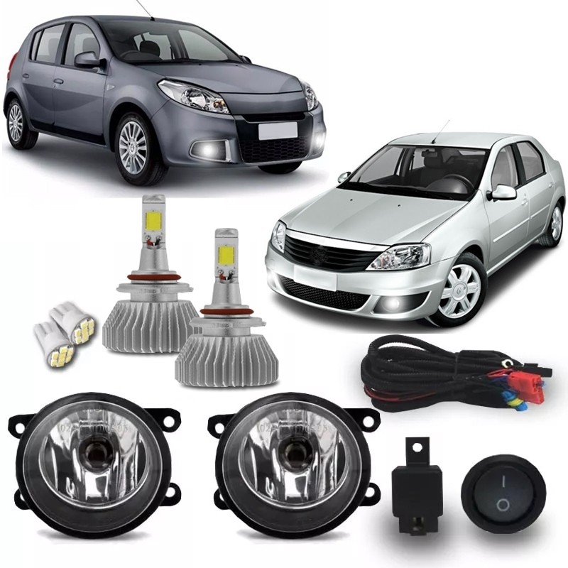 Kit Farol Milha Neblina Auxiliar Logan Sandero 2007 2008 2009 2010 2011 2012 + Kit Super Led 6000k