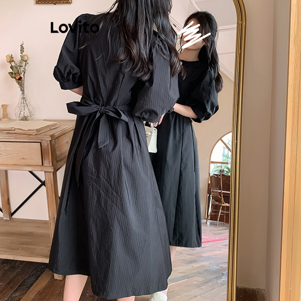 Detalhes do (Trendy) Lovito Vestido Elegante Com Botão Liso E Cinto Frontal Para Mulheres LNA37038 (Branco/Preto)