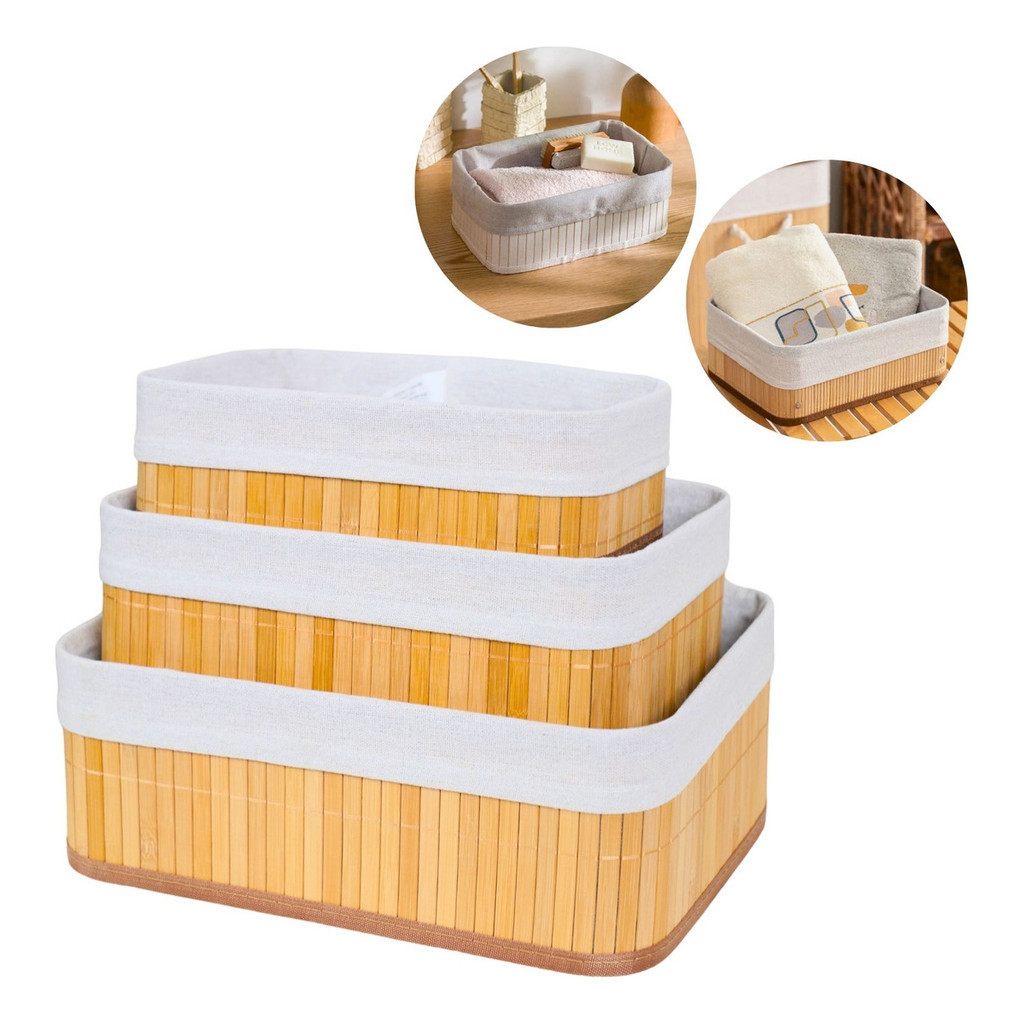 Kit 3 Cestos Organizador De Bambu Multiuso Com Forro em Oferta na Shopee