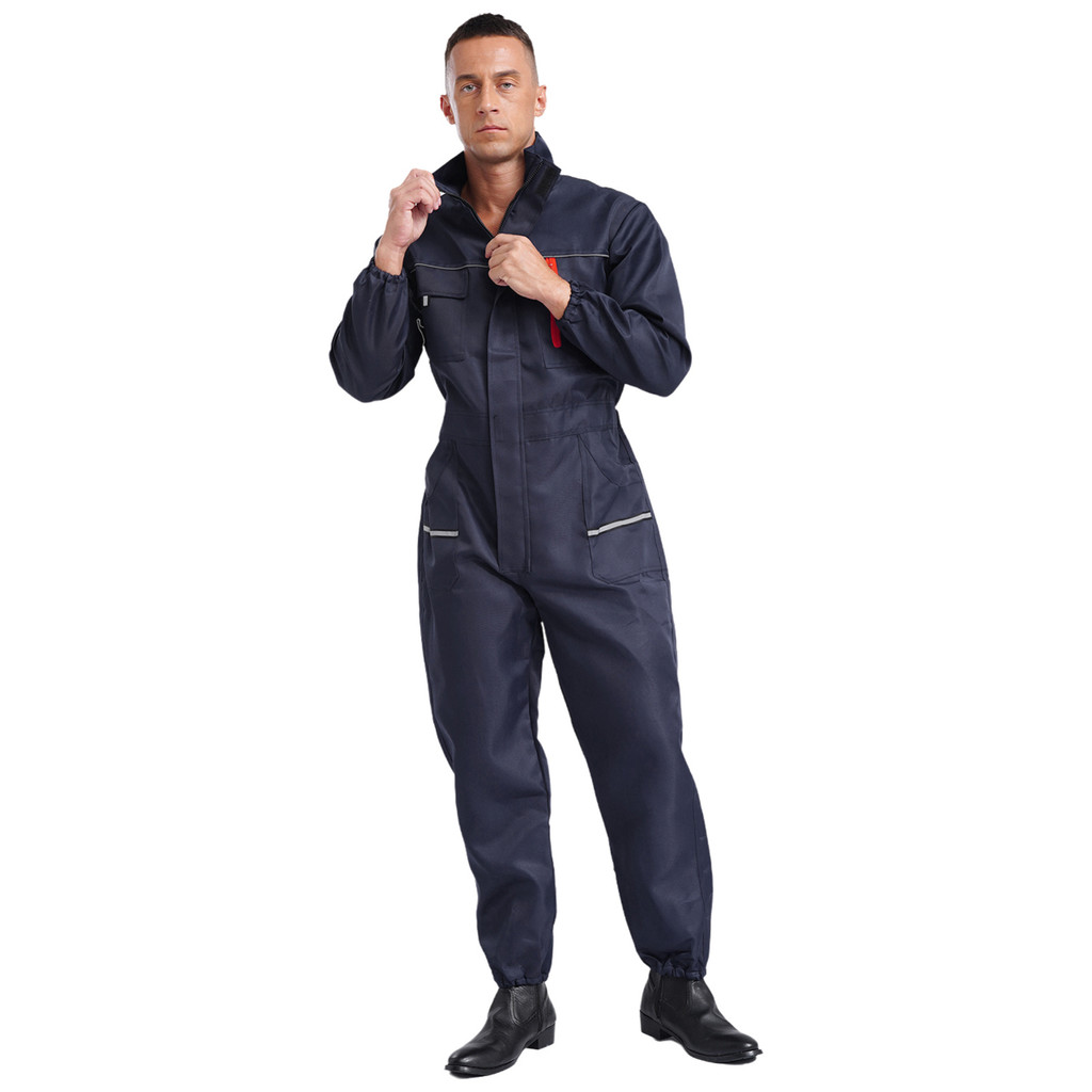 Macacão Masculino Com Listras Reflexivas , Gola Alta , Manga Comprida , Zíper , Fábrica , Oficina , Roupas De Trabalho B — imagem 2 de 2