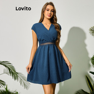 Lovito Boho Vestido Feminino de Bolinhas com Recorte Renda e Fecho Traseiro LBL09149