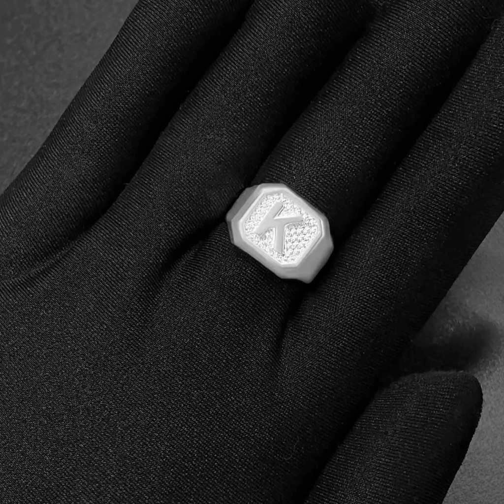 Anel de Prata 925 Letra k Masculino Banhado a Prata Moderno