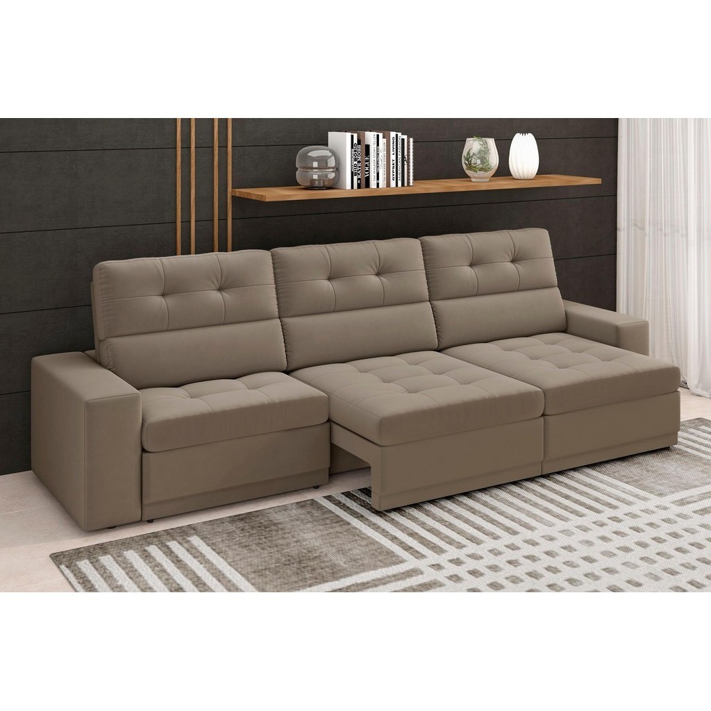 Sofá Roma Premium 2,30m Assento Retrátil/Reclinável Suede Capuccino XFlex Sofás