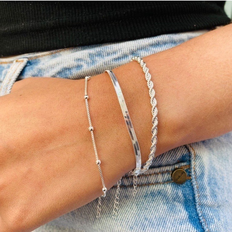Kit 3 Pulseiras Prata 925 Folheada Cordão Baiano Fio Liso Metalizada Conjunto Pulseira Feminina de Bolinha em Oferta na Shopee