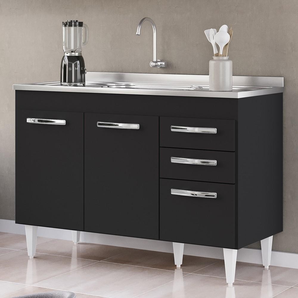 Balcão Gabinete com Pia Inox 120cm 3 Portas 2 Gavetas Suécia Preto - Lumil - Home & Living