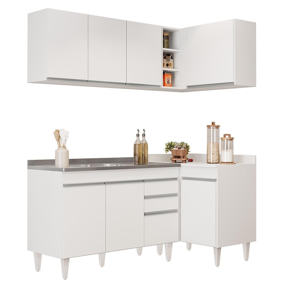Armário de Cozinha Modulado de Canto Esquerdo 4 Peças CP48 com Pia Inox Branco - Lumil em Oferta na Shopee