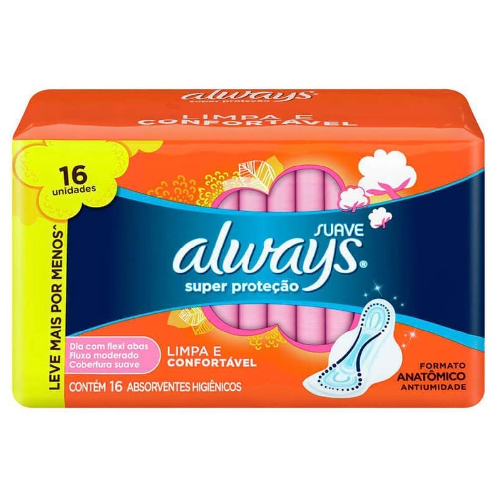 ALWAYS ABSORVENTE SUPER PROTEÇÃO SUAVE COM ABAS DE 16 UNIDADES em Oferta na Shopee