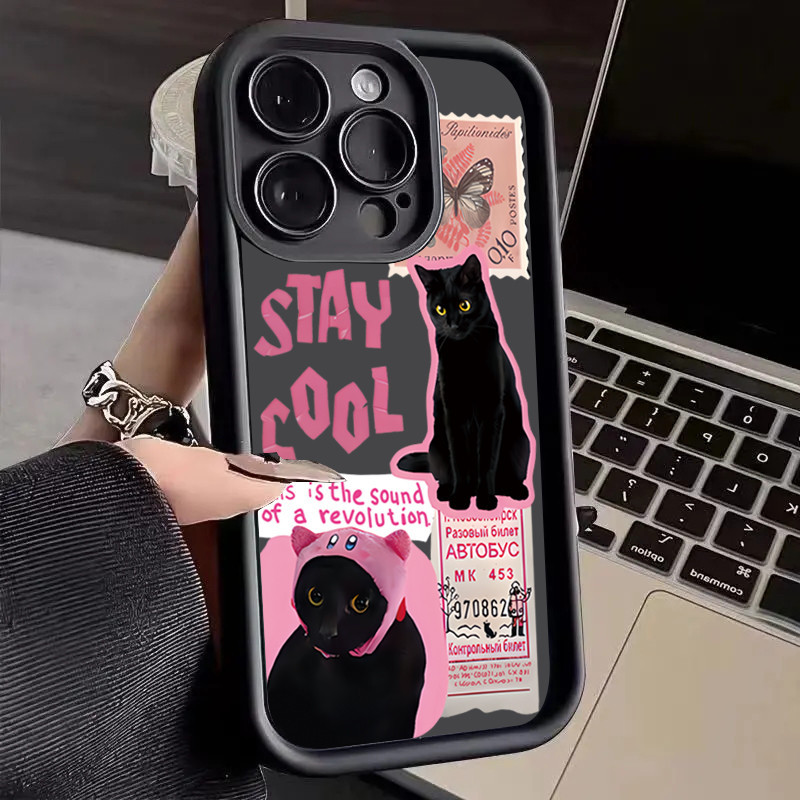 Capa De Telefone De Gato Preto Legal De Desenho Animado Para Samsung A35 A55 A54 A34 A14 A05 A15 A25 A05S A24 A33 A53 A52 A52S A32 A23 A51 A25 Cute Stamp Cat Macia De Silicone À Prova De Choque
