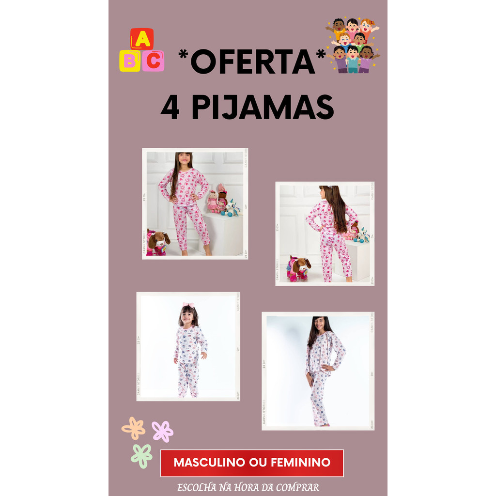 Kit 4 conjunto pijama infantil masculino ou Feminino 4 calças e 4 blusas manga longa frio inverno criança