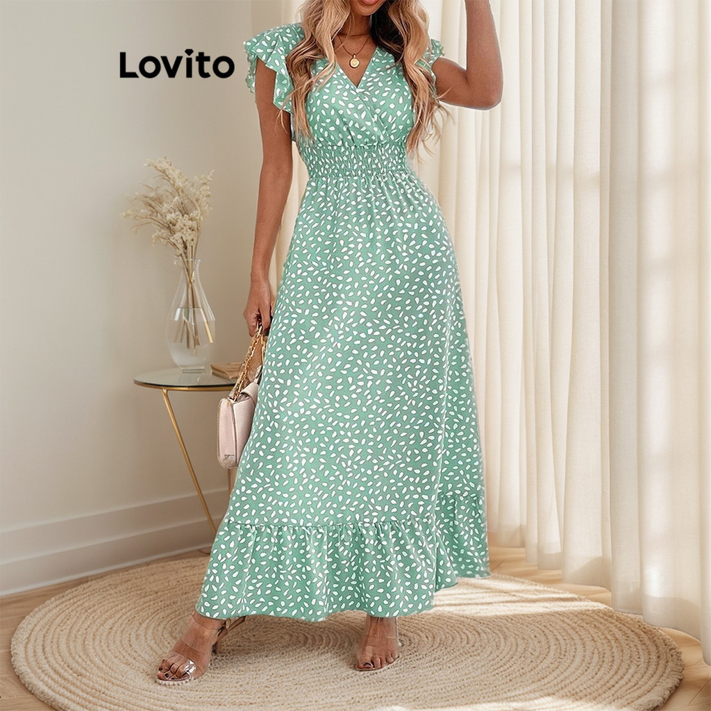 Lovito Boho Vestido Feminino Bata de Bolinhas com Bainha de Babados LNE31128 (Marrom/Verde Claro/Preto)