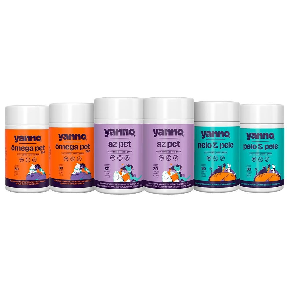 Kit Suplemento Cães Gatos 180Cáps Multivitamínico Ômega 3 Queda de Pelos Imunidade Total Sabor Carne