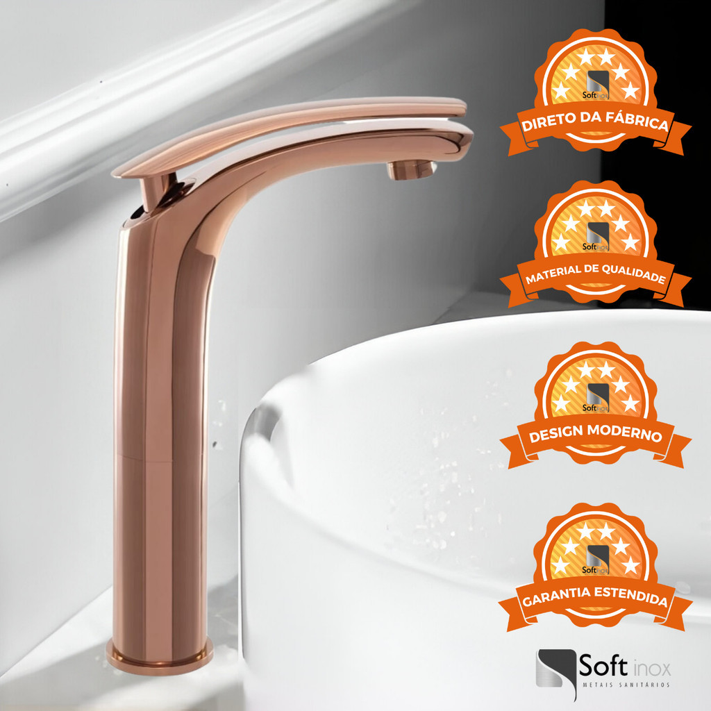 Torneira Monocomando Para Banheiro Alta Rose Gold Luxo