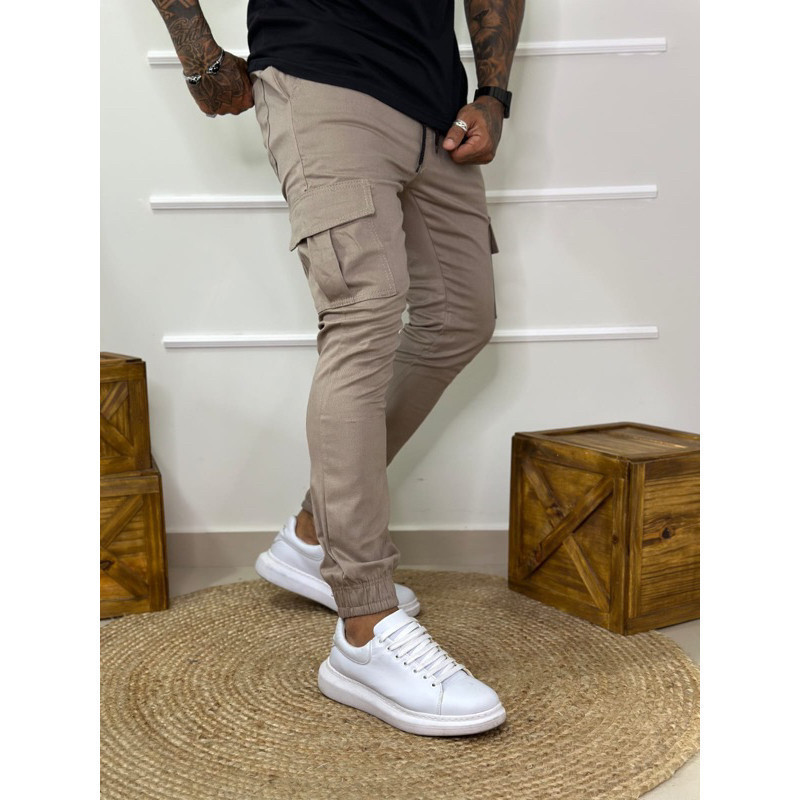 Calça Cargo Jogger  Masculino 6 Bolsos Bolso Lateral c/ punho jeans e sarja Skate Jogger Punho Casual Skateboard Unissex