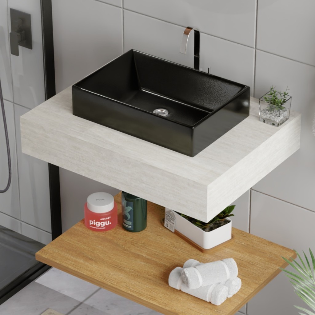 Pia Banheiro 62x40 Porcelanato Kit Cuba Suportes Elite Travertino Cuba Preta Pronto Instalar Lavabo