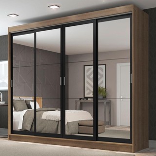 Guarda-Roupa Casal Madesa Austin 4 Portas de Correr de Espelho 3 Gavetas - Rustic/Preto em Oferta na Shopee