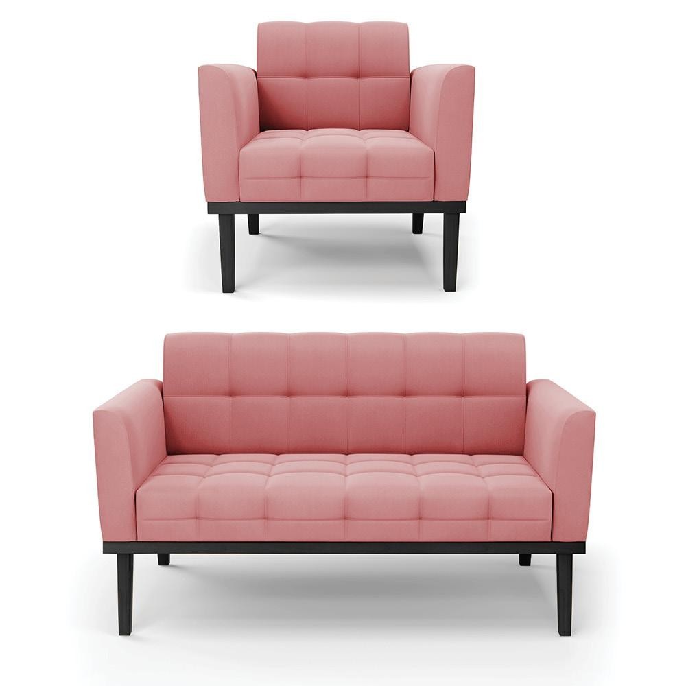 Conjunto Poltrona e Namoradeira Decorativa Karen Pés Fixo em Madeira Preto Suede Rose G19 - Gran