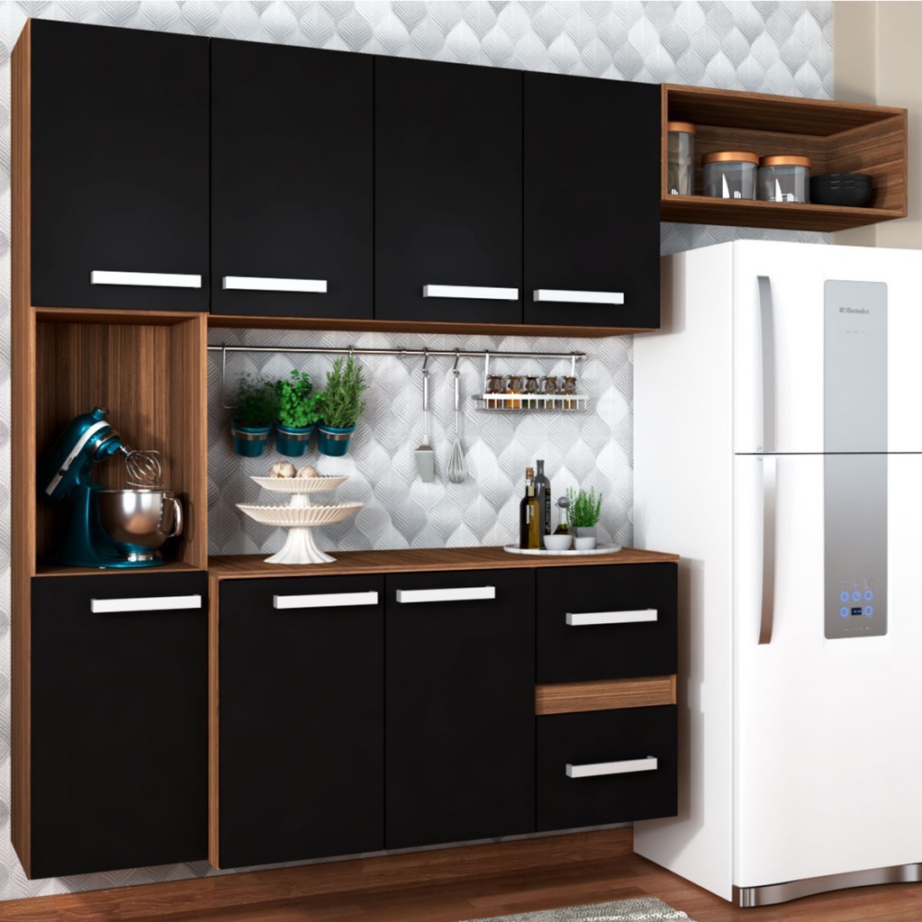 Cozinha Compacta 7 Portas 2 Gavetas Suspensa Armário e Balcão Jéssica Teka/Grafite - Panorama Móveis em Oferta na Shopee