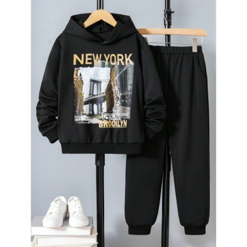 Conjunto Moletom com Capuz e Calça Moletom Impressão Clássica de Cidade Cenário , Conjunto Casual classic Versátil Preto