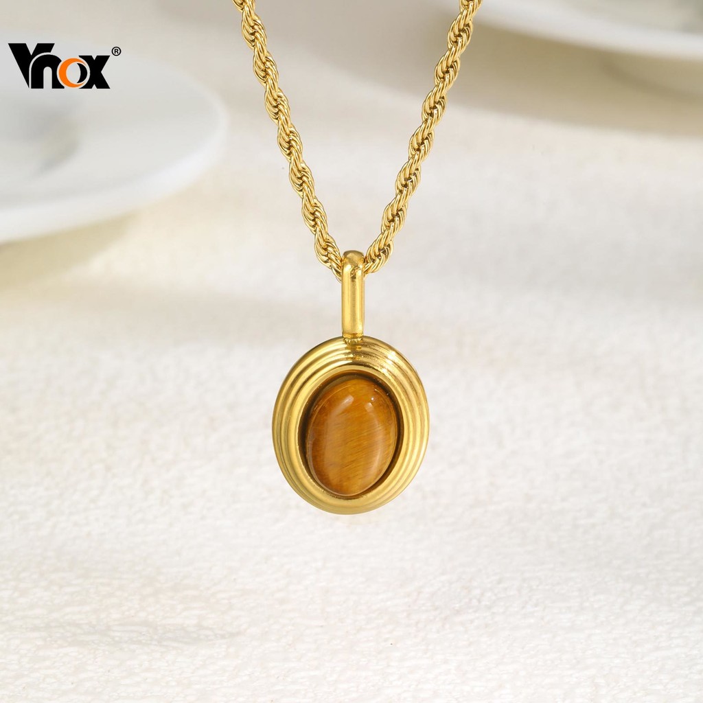 Vnox Tigre Olho Oval Pedra Pingente Colar Para Mulheres Homens , Ouro Aço Inoxidável Delicado , Moda Jóias Presente