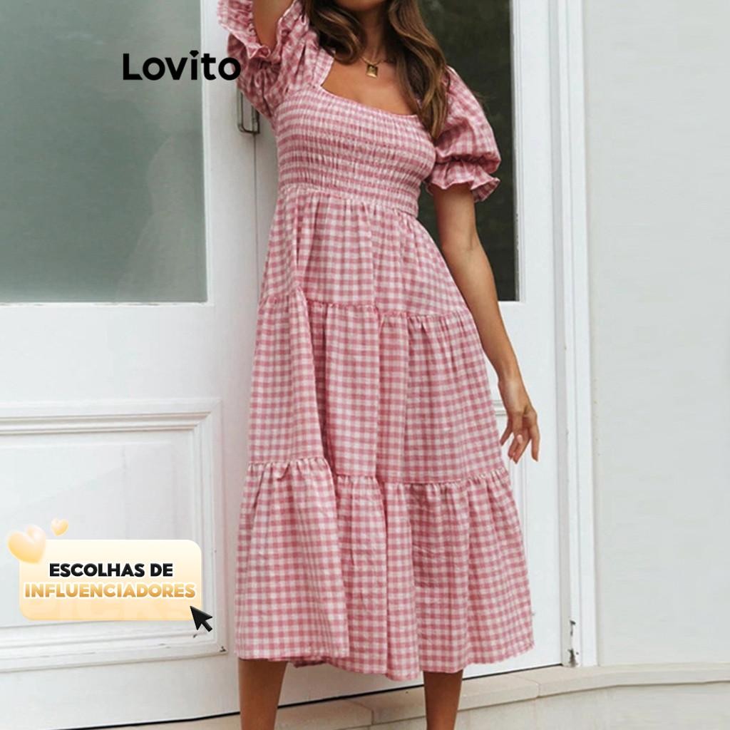 (KOL‘s pick) Lovito Casual Vestido Feminino Xadrez com Camada Escalonada LNL40066 em Oferta na Shopee
