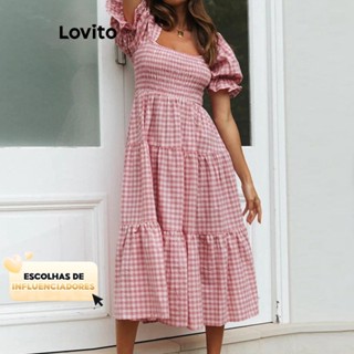 (KOL‘s pick) Lovito Casual Vestido Feminino Xadrez com Camada Escalonada LNL40066 em Oferta na Shopee