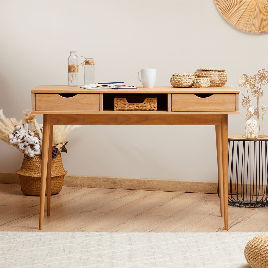 Mesa Escrivaninha Madeira 2 Gavetas 1 Nicho Retro Stefano - Home & Living