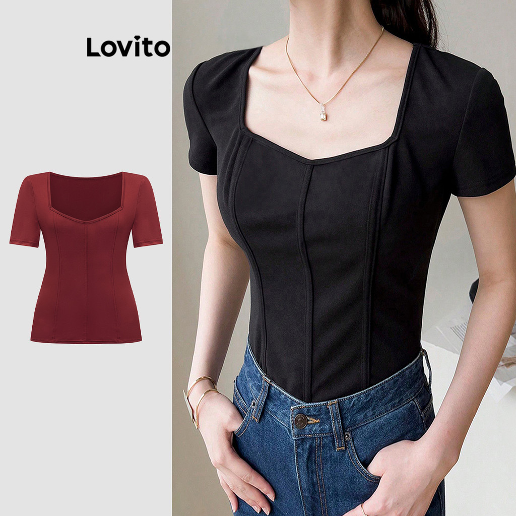 Lovito Camiseta Casual de Estrutura Lisa para Mulheres L92AD891(Multicolorido) - Women Clothes