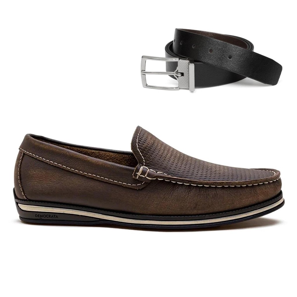 Mocassim De Couro Democrata Easy Ted 135201+Cinto Masculino Dupla Face