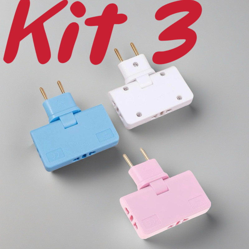 Kit  3 Adaptador de extensão de plugue de alimentação 3 em 1 ajustável em 180 graus