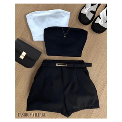 Conjunto3 DOIS Cropped TMQ + Short Preto Moda Blogueira verão 2026