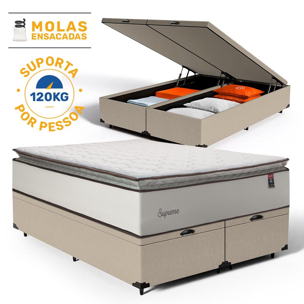 Cama Box Baú com Colchão de Molas Ensacadas Pillow Top Supreme Lux Queen 158cm em Oferta na Shopee