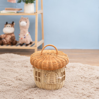 cesto organizador redondo com tampa e alça 25cm cogumelo de bambu multiuso - Oikos