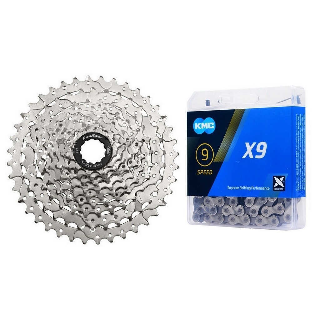 CASSETE SUNRACE M980 11-40D + CORRENTE KMC X9 SILVER / PRATA 116 ELOS - 9V