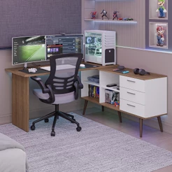 Mesa para Computador Gamer em L 3 Gavetas Branco/Rustic Lisboa Madesa