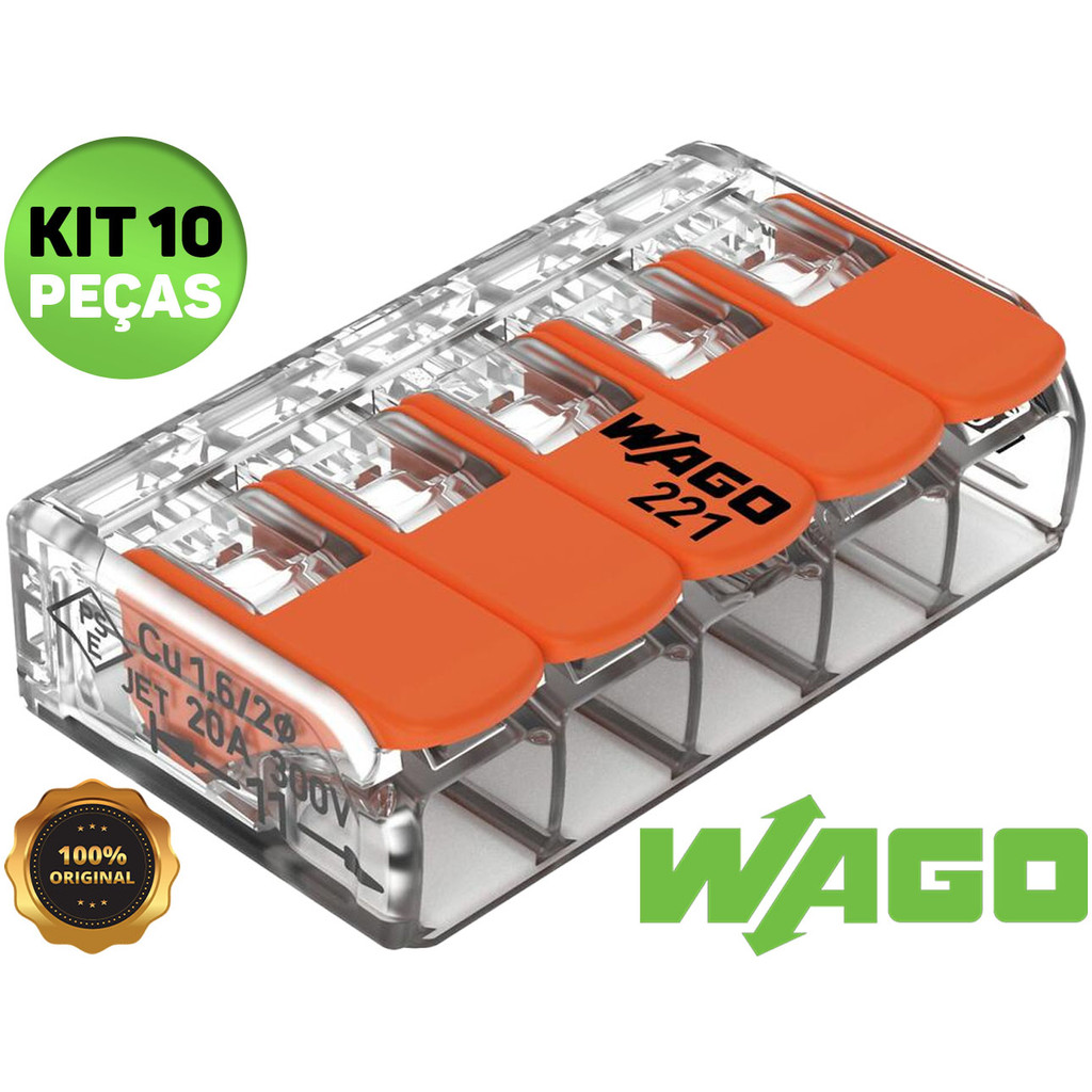 Kit 3, 5, 10 Conector Elétrico 221-615 Emenda Wago 5 Vias 41A Original 6mm² Fio Chuveiro Tomada em Oferta na Shopee