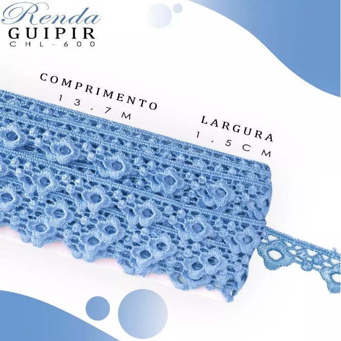 Renda Guipir CHL-600 15 Cm -  Rolo C/13.7 Metros Cor:Azul-Hortencia