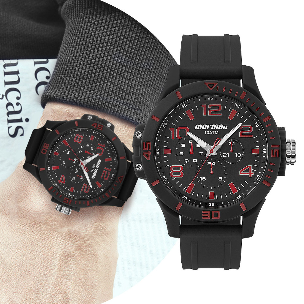 Relógio Masculino de Pulso com Pulseira de Silicone à Prova D' Água Redondo Casual Preto e Vermelho Mormaii Original