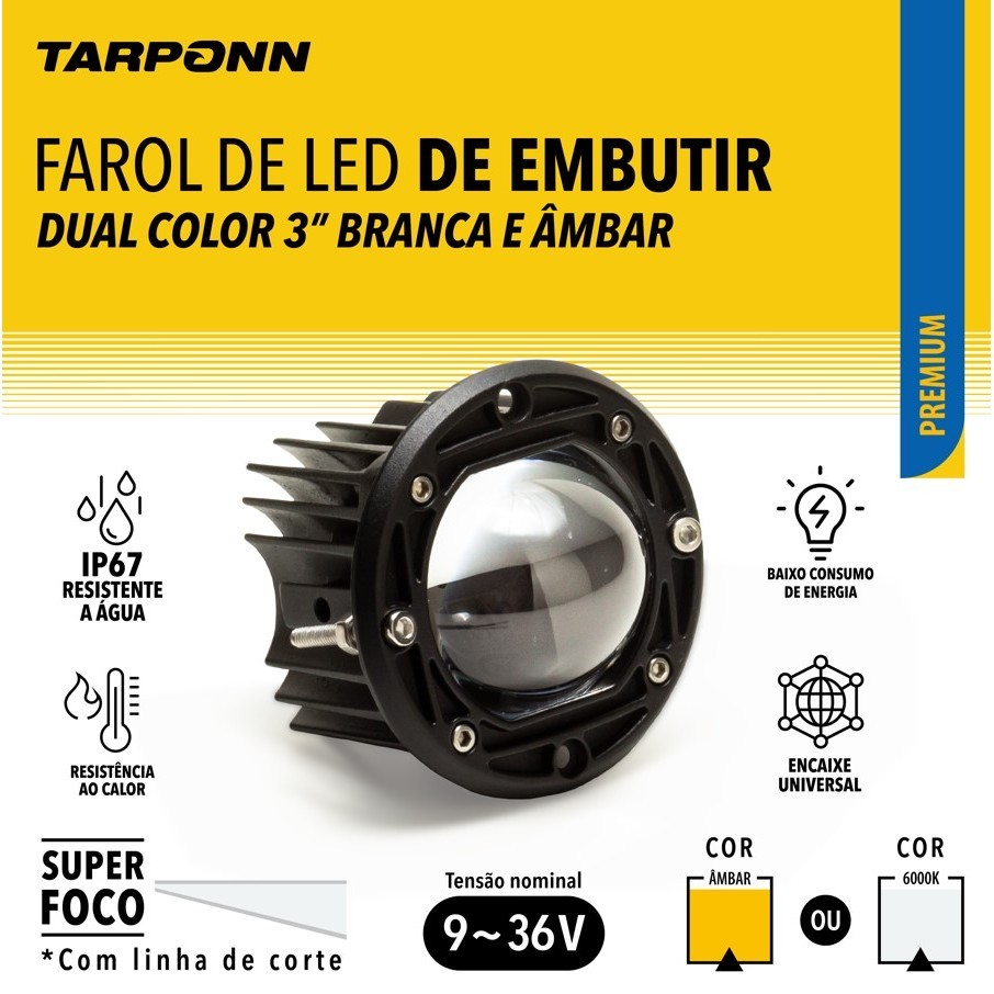 Detalhes do Farol Auxiliar De Embutir Led Duas Cores Tarponn Off Road Super Foco