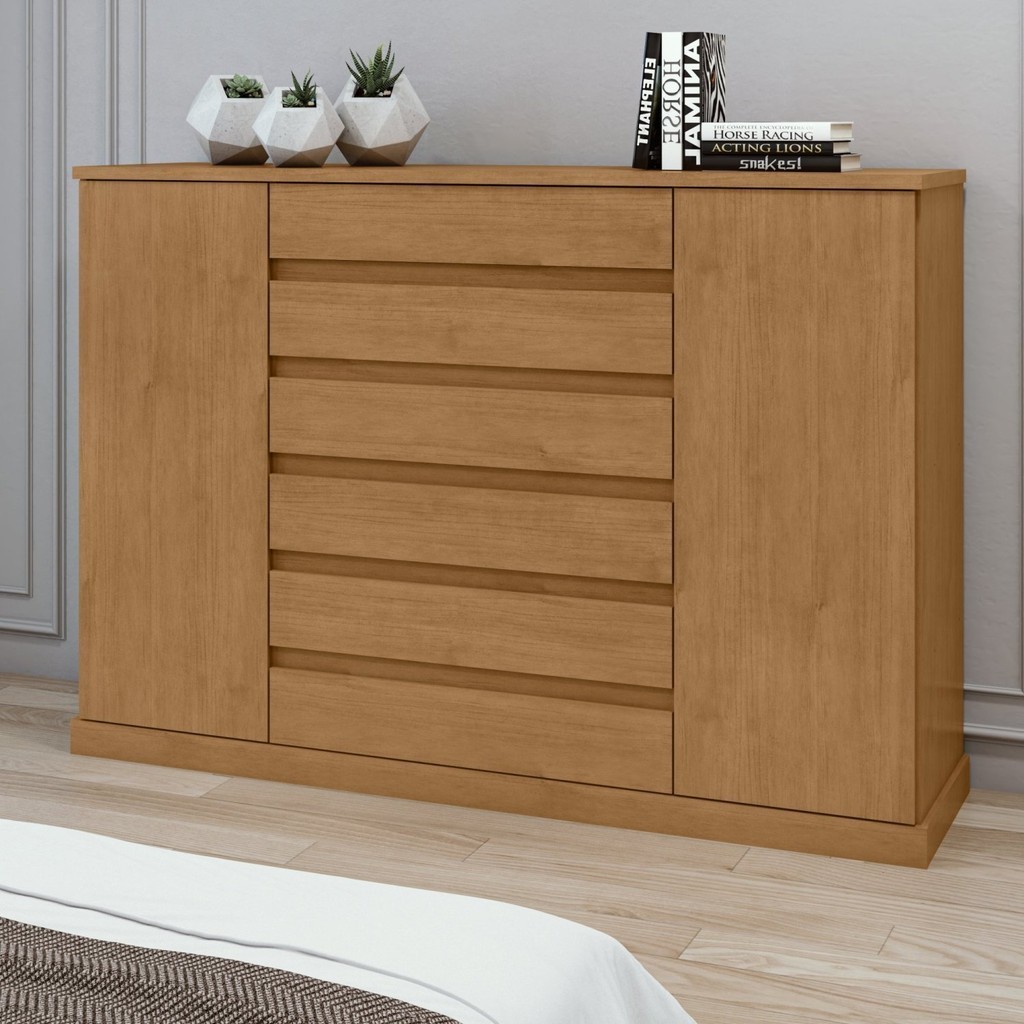 Cômoda 2 Portas 7 Gavetas 3 Prateleiras Vedra Amêndoa Clean - Home & Living