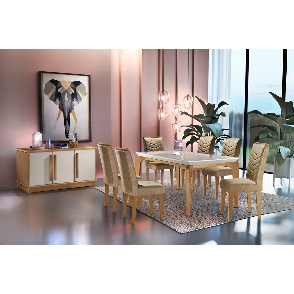 Conjunto Sala de Jantar Liz Tampo MDF Vidro com 6 cadeiras Rufato em Oferta na Shopee