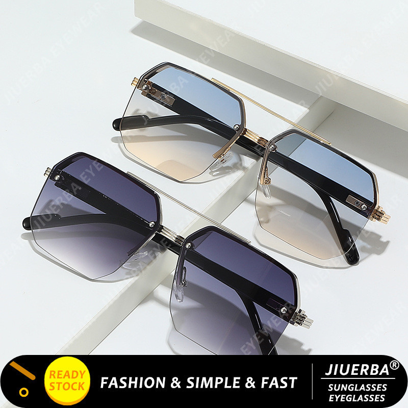 (JIUERBA) Óculos De Sol De Metal Com Meia Armação Quadrada Para Homens Feixe Duplo Estilo Retrô Mulheres em Oferta na Shopee