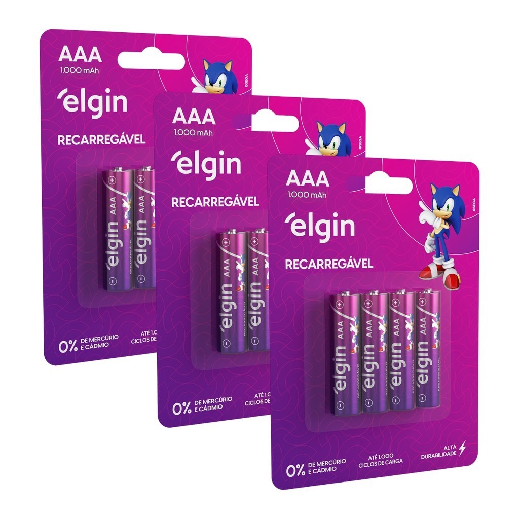 Kit 12 Pilhas Recarregável AAA Palito Blister Com 4 Un Elgin