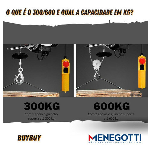 Guincho Elétrico 600kg 220V Profissional C/ Botoeira e Alças - Menegotti V2 — imagem 2 de 2