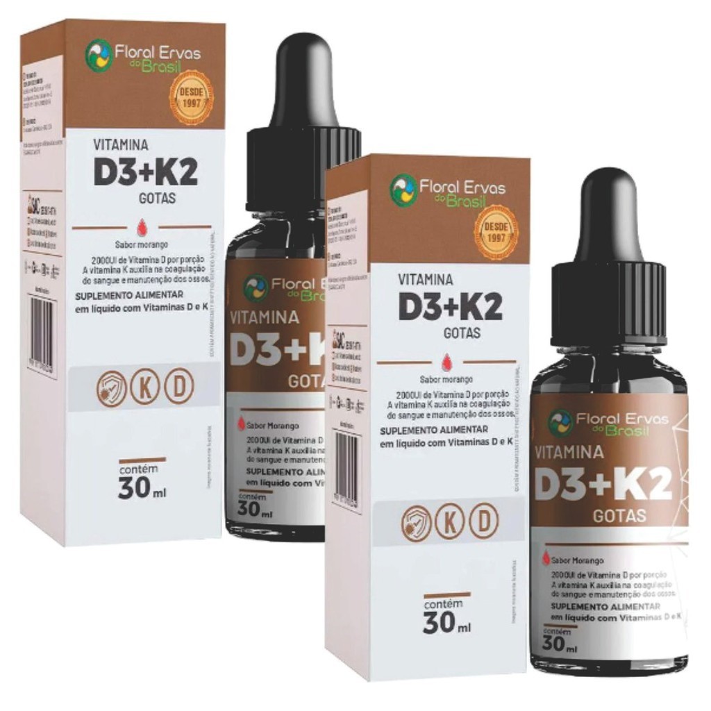 Vitamina D3 2000ui  Vitamina K2 MK7 140 mcg Original 2 Frascos  de 30 ml  Floral Ervas