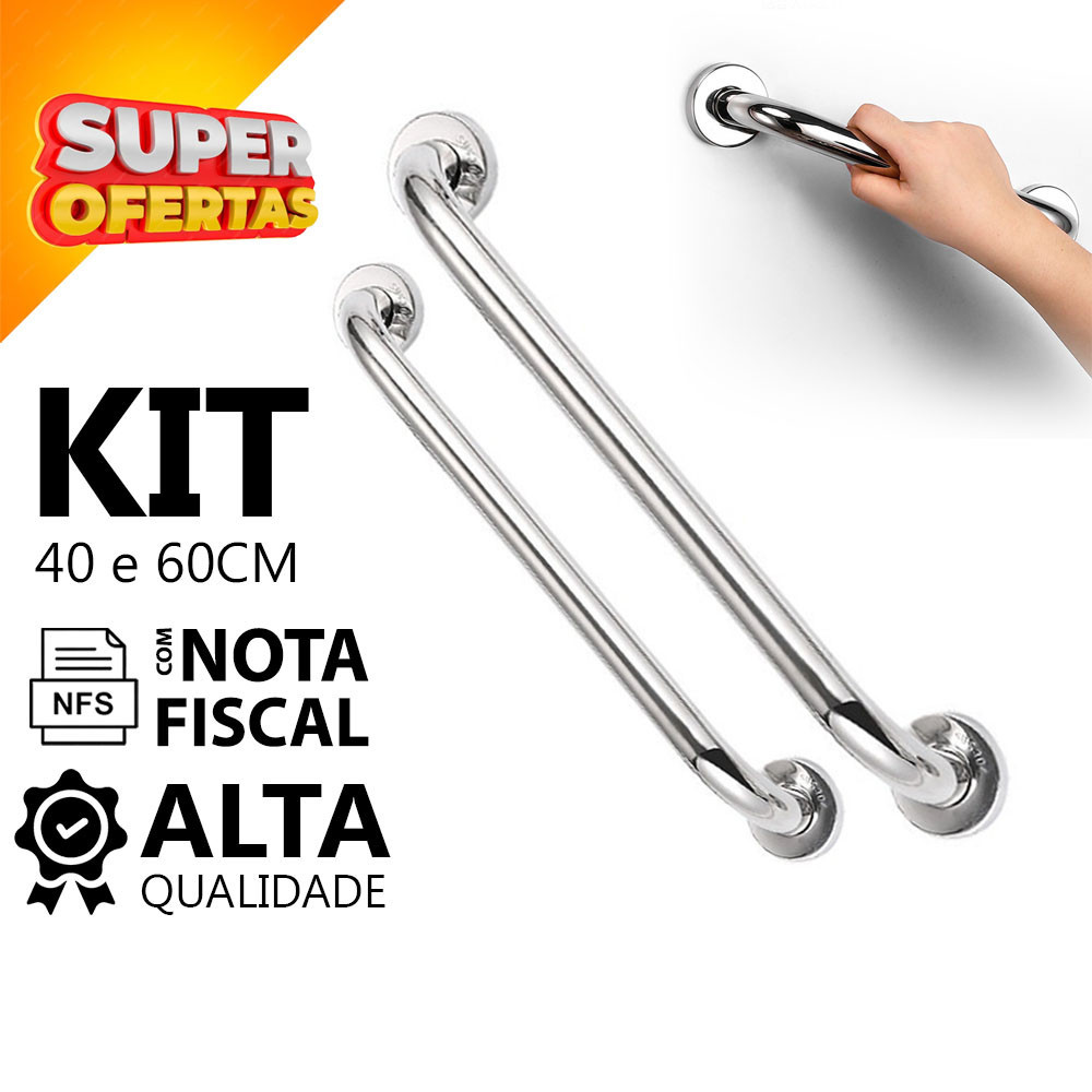 Kit 2 Barra de Apoio Alça Corrimão Aço Inox Alta Qualidade Idoso 40 e 60CM Acessibilidade Idoso