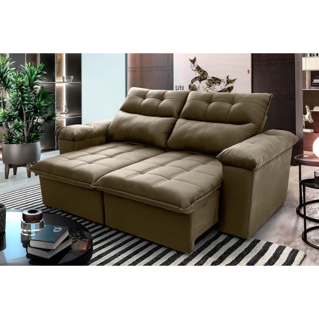Sofá Retrátil/Reclinável Verona 2,00m Suede Velut Bege c/ Molas no Assento - King House