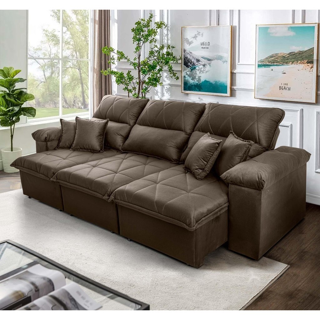 Sofá Retrátil Reclinável Trento 2,30m Suede Velut Tabaco  Molas no Assento - King House - Home & Living